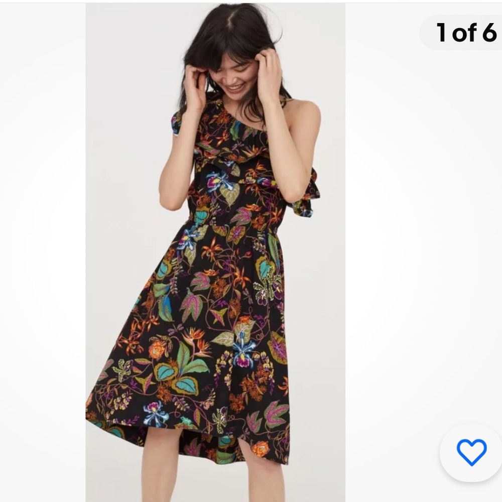 H & M Black/Colorful Ruffle Top One Shoulder Asymmetrical Dress. Size 8